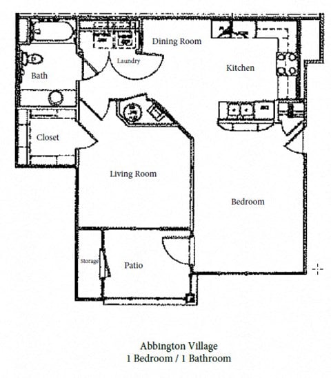 Floor plan for 1 bed, 1 bath, 709 sqft
